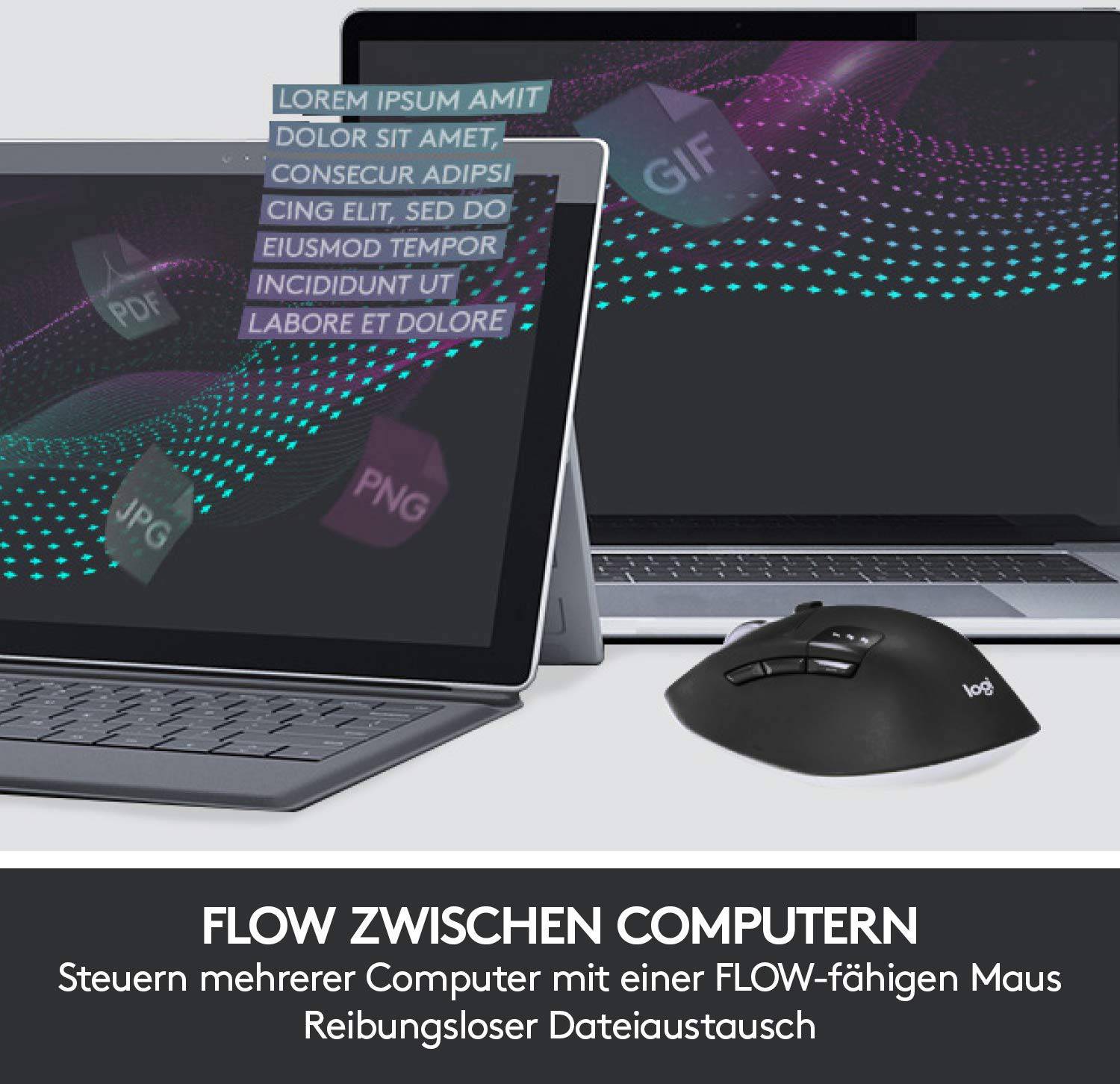 'FLOW ZWISCHEN COMPUTERN: Steuern mehrerer Computer mit einer FLOW-fähigen Maus. Reibungsloser Dateiaustausch.' Laptops im Hintergrund.
