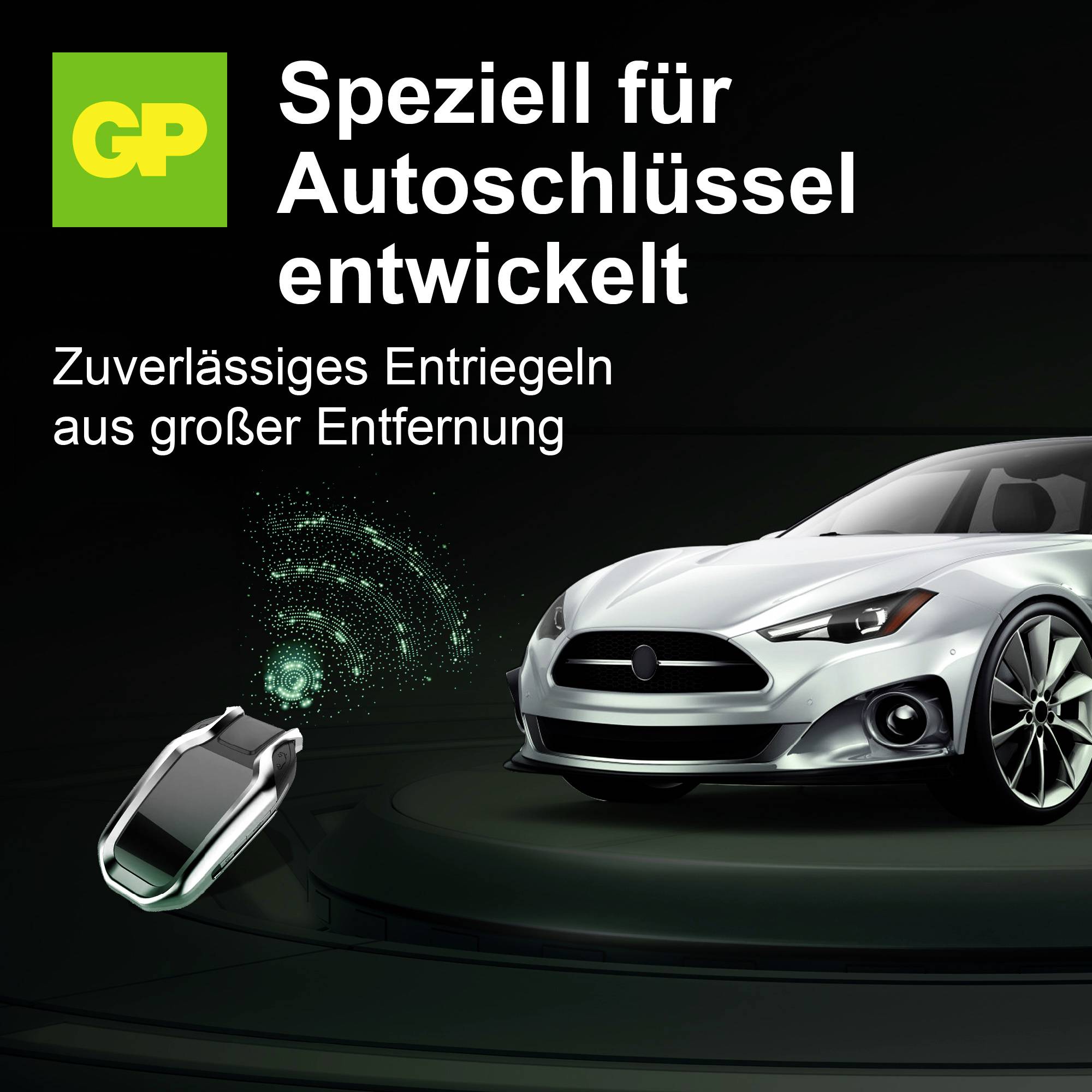 Werbung für Autoschlüssel: 'Spezialentwickelt', zuverlässiges Entriegeln aus großer Entfernung; Fernbedienung sendet Signal zum Auto.