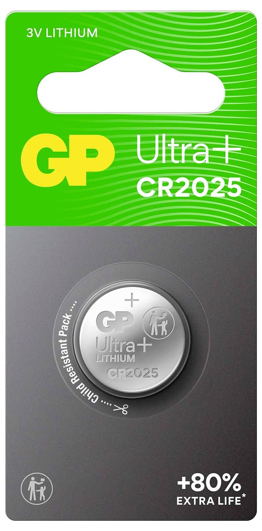 Verpackung und Knopfzelle 'GP Ultra+ CR2025' mit Hinweis '3V LITHIUM' und '+80% EXTRA LIFE' sowie Bild der Batterie auf grauem Hintergrund.