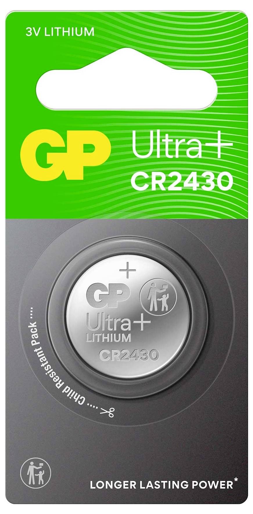 Verpackung einer GP Ultra+ CR2430 3V Lithium-Knopfzelle, grün-graues Design mit Produktname und Hinweis 'Longer lasting power'.