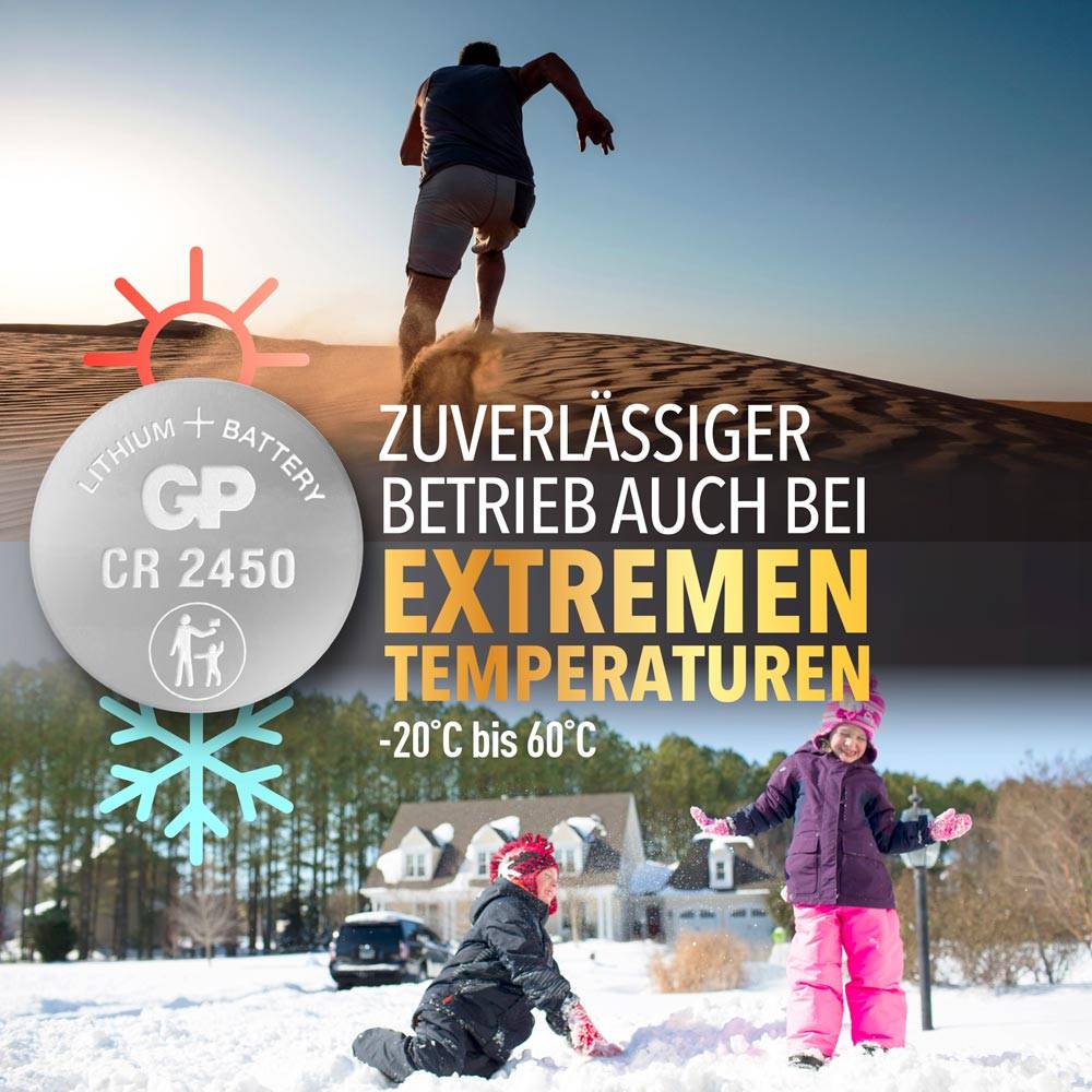 'Lithium-Batterie CR 2450. Zuverlässiger Betrieb bei extremen Temperaturen von -20 °C bis 60 °C.' Oben: Person auf Düne. Unten: Zwei Kinder im Schnee.