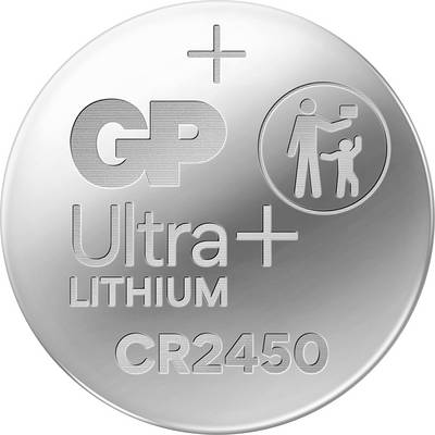 Silberne Knopfzelle GP Ultra+ Lithium CR2450 mit Pluspol und Batteriesymbol.