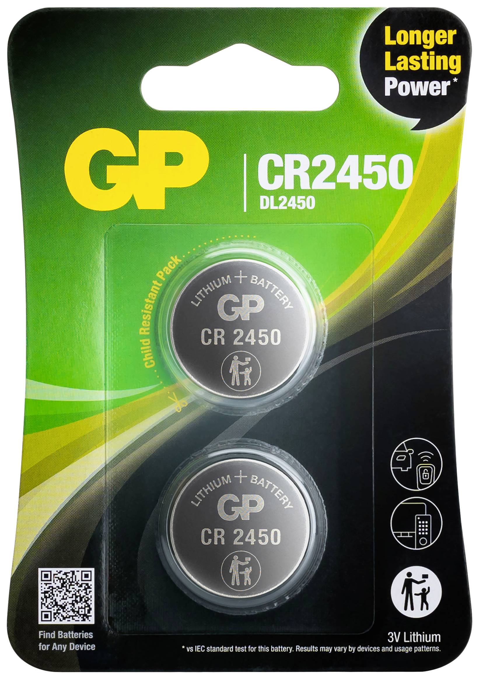 'GP CR2450 Knopfzellenbatterien, 3V Lithium, 2 Stück, verpackt. Hohe Lebensdauer, geeignet für verschiedene Geräte.'