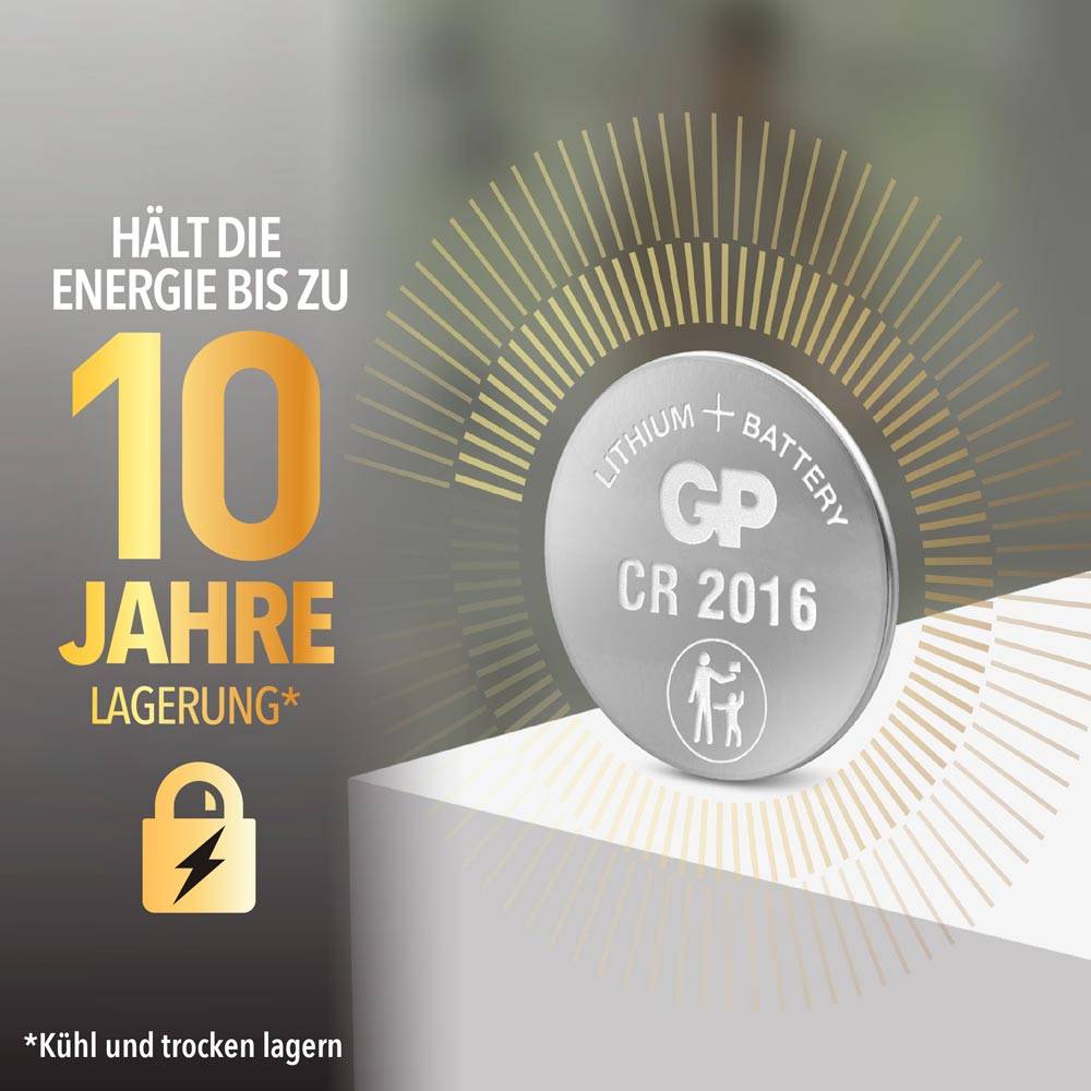 'Lithium Batterie CR 2016' mit 10 Jahre Lagerungsfähigkeit abgebildet. Hinweis: 'Kühl und trocken lagern.' Symbol für sichere Lagerung.