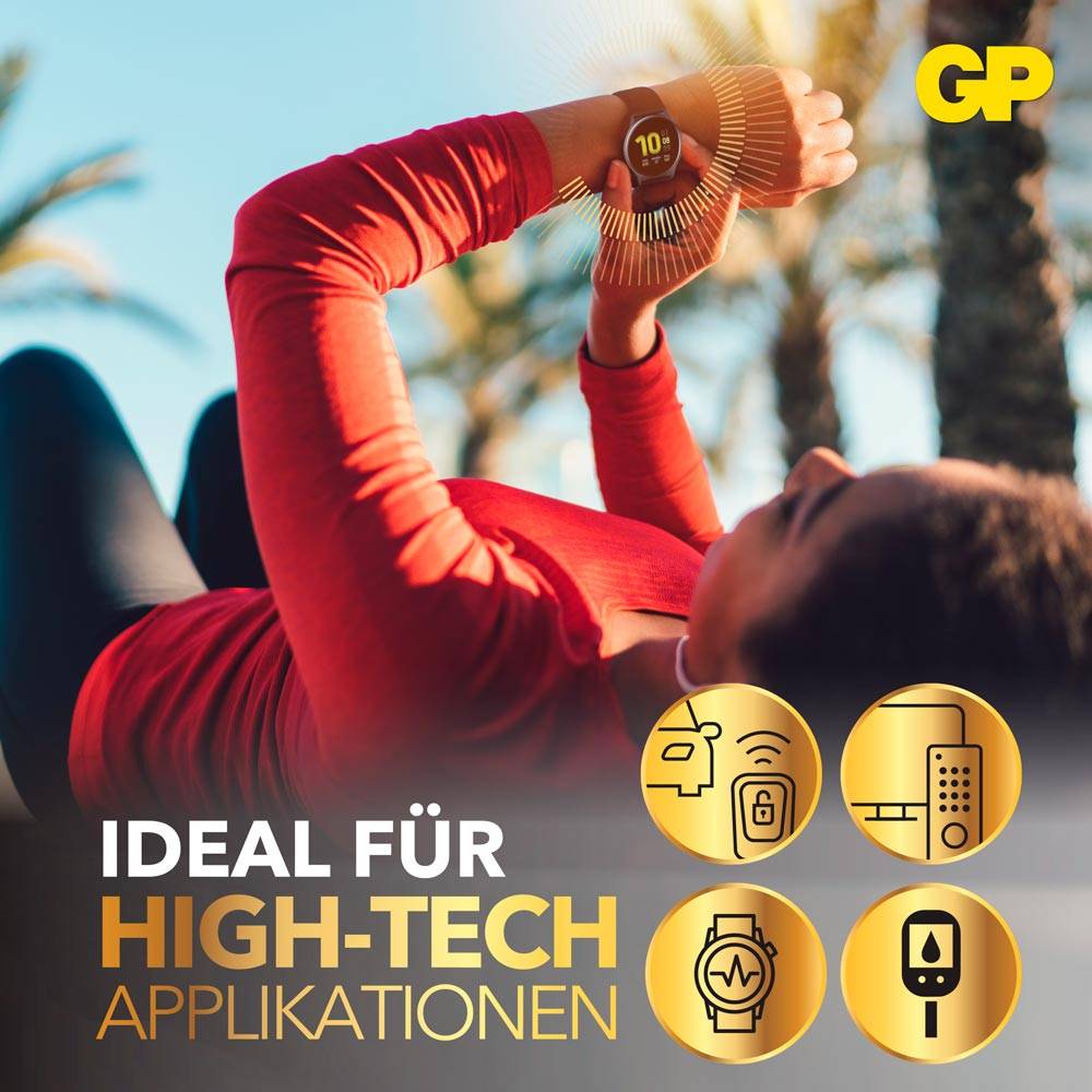Person in rot liegt entspannt im Freien und betrachtet die Smartwatch am Handgelenk. Text: 'Ideal für High-Tech Applikationen'. Symbole von Technologien.