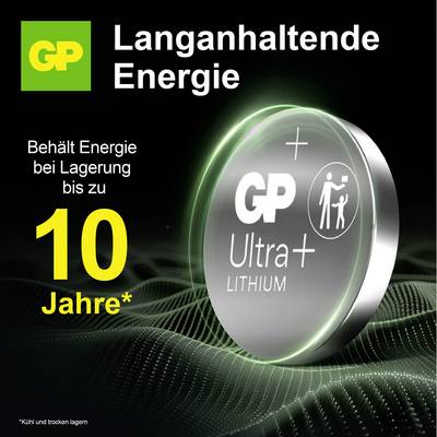 Werbeanzeige für GP Ultra+ Lithium: 'Langanhaltende Energie', behält Energie bei Lagerung bis zu 10 Jahre, Hinweis 'Kühl und trocken lagern'.<br>