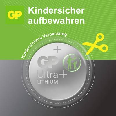 GP Ultra+ Lithium-Batterie mit Hinweis 'Kindersicher aufbewahren' und Symbol für kindersichere Verpackung mit Schere.<br>