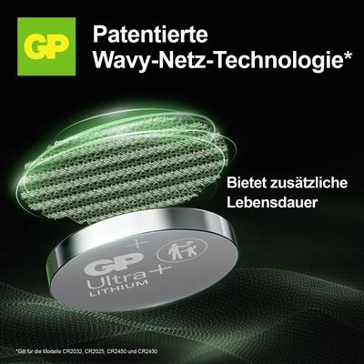 Werbung für GP Ultra Lithium-Batterien mit 'patentierter Wavy-Netz-Technologie'; hervorgehoben: zusätzliche Lebensdauer.