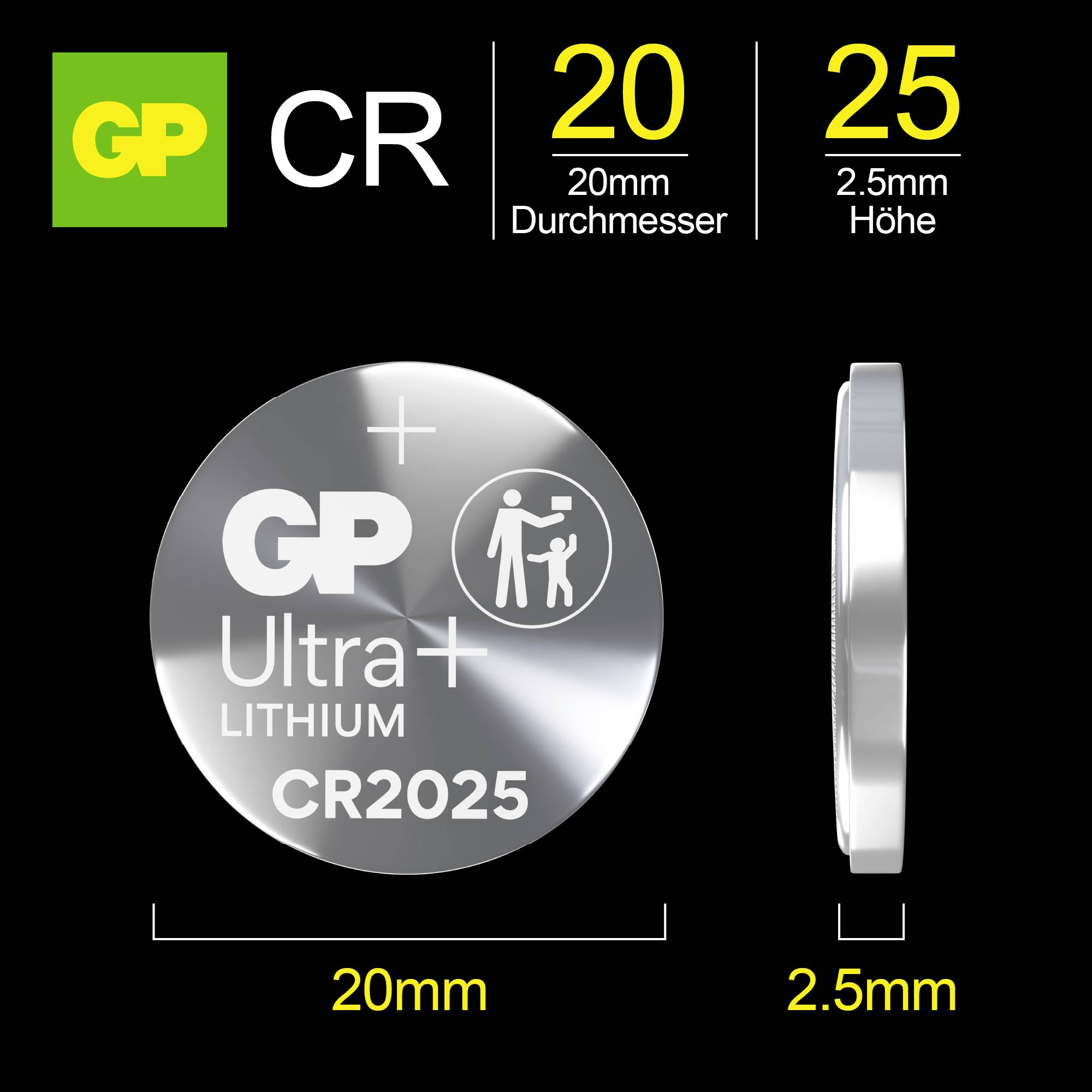Batterie CR2025 von GP Ultra+ Lithium, mit Maßangaben: 20 mm Durchmesser und 2,5 mm Höhe; Front- und Seitenansicht auf schwarzem Hintergrund.