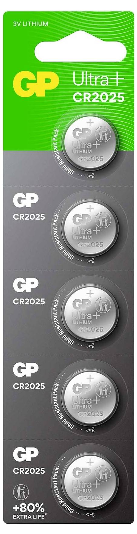 Werbeanzeige für GP Ultra+ CR2025 Lithium-Knopfzellen: fünf Batterien, Hinweis auf '80% EXTRA LIFE', grün-graues Verpackungsdesign.
