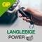 Hand hält einen Autoschlüssel. Text 'Langlebige Power.' Logo in der oberen linken Ecke. Fokus auf Zuverlässigkeit und Batterie.