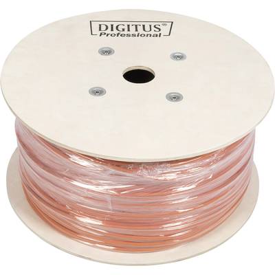 Eine Kabeltrommel aus Holz mit der Aufschrift 'DIGITUS Professional', auf der orangefarbenes Kabel aufgewickelt ist.