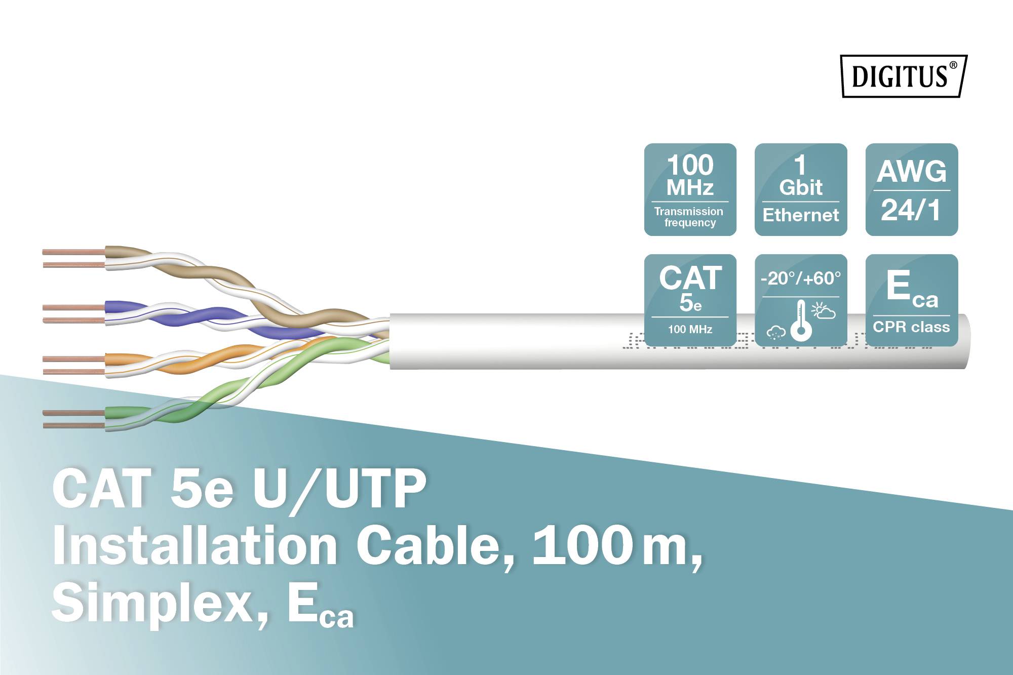 'CAT 5e U/UTP Installationskabel, 100m, Simplex, E_ca' mit Ethernet, 100 MHz Übertragungsfrequenz, AWG 24/1, Temperaturbereich -20°/+60°.