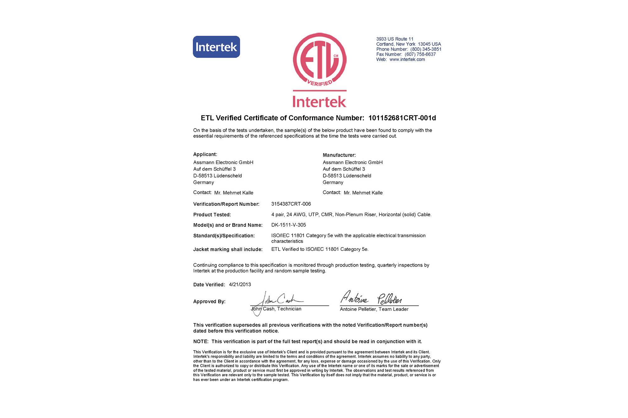 'ETL Verified Certificate of Conformance' von Intertek für ein Produkt von Adam & Sons GmbH, zertifiziert nach EN 301 489-1: V2.2.3 (2019-11).
