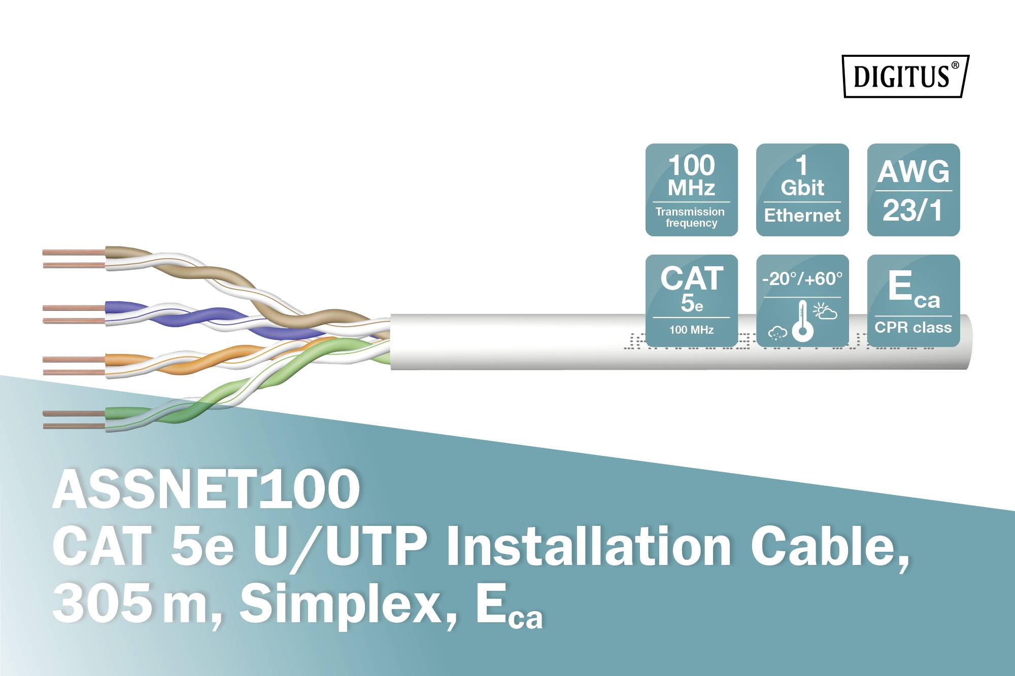 'ASSNET100 CAT 5e U/UTP Installationskabel, 305 m, Simplex, Eca.' Zeigt Kabel mit 4 farbcodierten Paaren, unterstützt 100 MHz, 1 Gbit Ethernet.