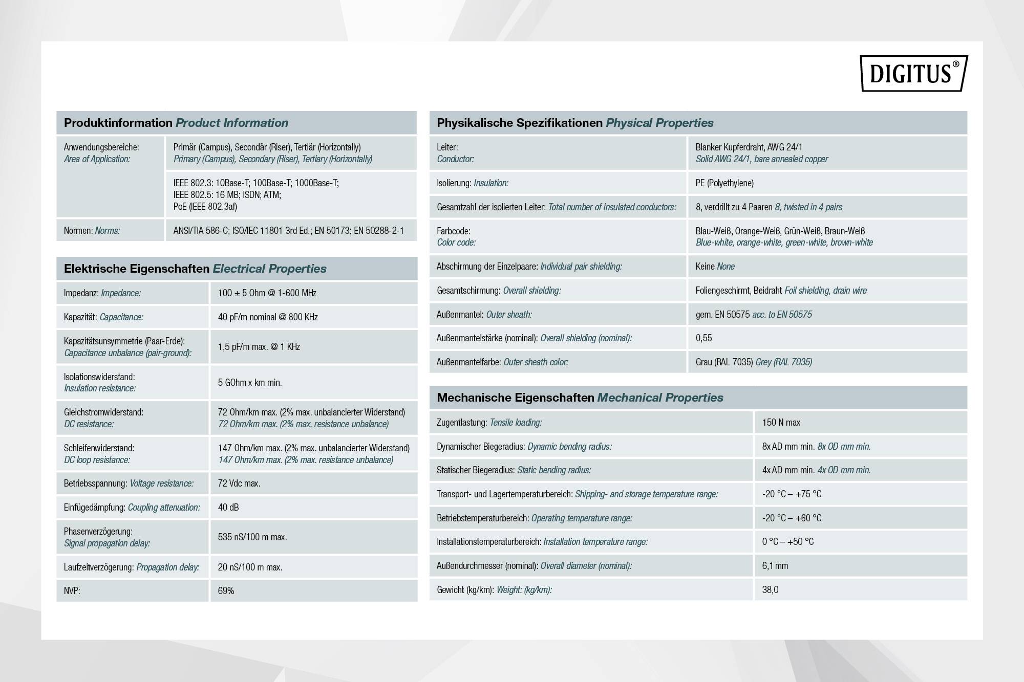 'Digitus' Datenblatt mit Produktinformationen, physikalischen, elektrischen und mechanischen Eigenschaften. Tabellenform mit zweisprachigem Text.