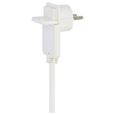 Weißer Stromstecker mit eingebautem Abzugslaschen und angebrachtem Kabel auf weißem Hintergrund.