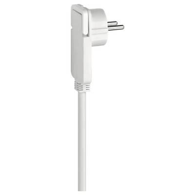 Weißer zweipoliger Stromstecker mit angebrachtem Kabel, gezeigt auf einfachem weißem Hintergrund.