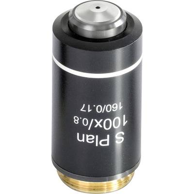 Mikroskopobjektiv mit der Aufschrift 'S Plan 100x/0.8 160/0.17'. Es hat eine schwarze, zylindrische Form mit metallischen Akzenten.