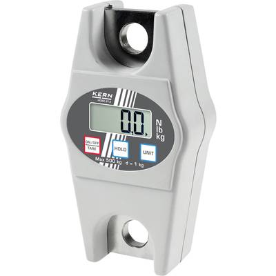 Grauer digitaler Kranwaagenmesser von Kern mit Anzeige in kg und lb, maximal 300 kg. Zeigt auf Display '0.0'. Geeignet für wiegen.