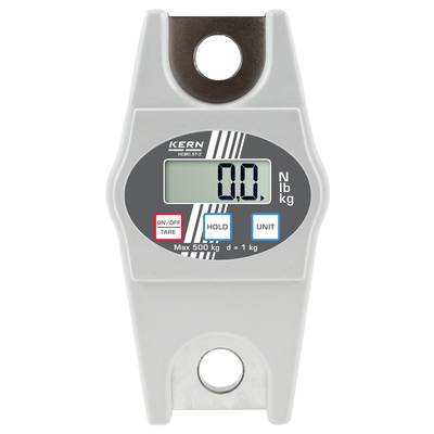 Digitale Kranwaage mit grauem Gehäuse, LCD-Anzeige zeigt '0,0'. Knöpfe für 'ON/OFF', 'HOLD', 'UNIT'. Maximalgewicht 500 kg.