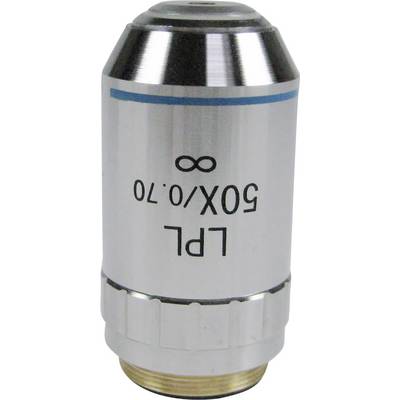 'Mikroskop-Objektiv 50x/0.70, geeignet für unendlich korrigierte Systeme. Silberne Fassung mit blauer Markierung.'