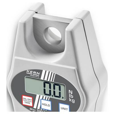 Digitale Hängewaage mit Display, zeigt '0.0' an. Tasten für Ein/Aus, Tara, Halten und Einheit. Maximale Tragkraft 500 kg.