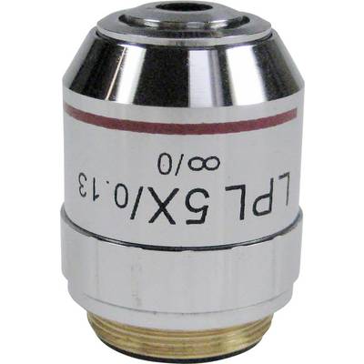 Mikroskopobjektiv mit der Aufschrift 'PL 6x/0,13 ∞/0'. Metallisch, zylindrisch, mit rotem und silbernem Streifen, zur Vergrößerung.