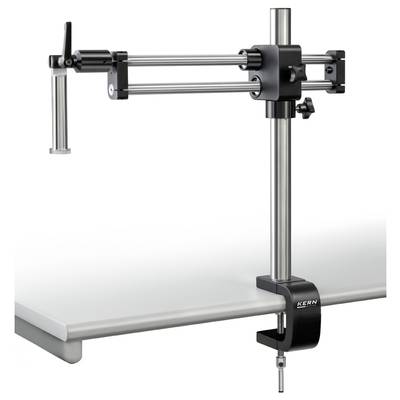 Halterungssystem für Mikroskope, befestigt an einem Tisch. Enthält zwei verstellbare Metallarme und eine robuste Klemme.