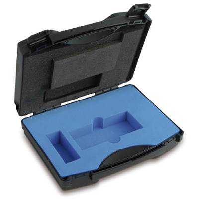 Geöffneter schwarzer Kunststoffkoffer mit blauer Schaumstoffeinlage, die für das Halten spezifischer Gegenstände geformt ist.