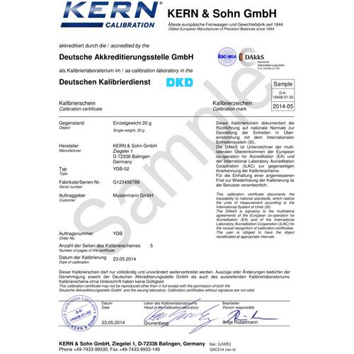 Kern 962-335V Kalibrierschein für den Volumensenkkörper (20 g)