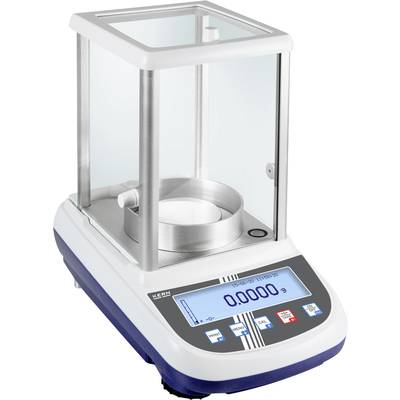 Präzisionswaage mit Glasabdeckung und digitalem Display. Display zeigt die Messung '0,0000'. Tasten für Funktionen darunter.