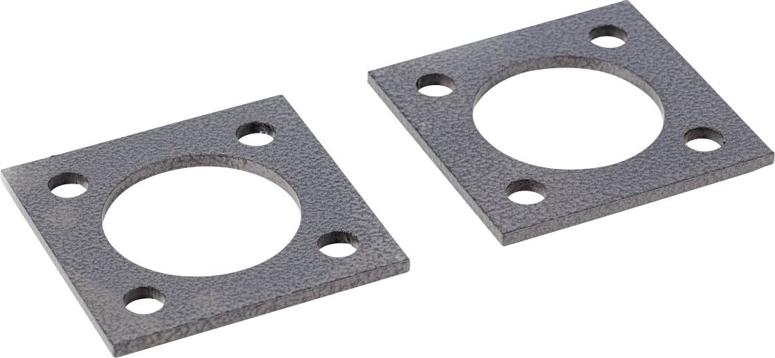 Zwei quadratische Metallplatten mit zentralem Loch und Schraublöchern in den Ecken. Sie sind für Konstruktionen oder Befestigungen gedacht.