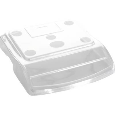 Transparenter Kunststoffdeckel mit fünf kreisförmigen Öffnungen und rechteckigem Verschluss, wahrscheinlich für Lebensmittelbehälter.