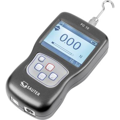 Digitales Kraftmessgerät mit Haken, angezeigt wird '0,00 N'. Das Gerät hat ein Display und Tasten zur Bedienung.