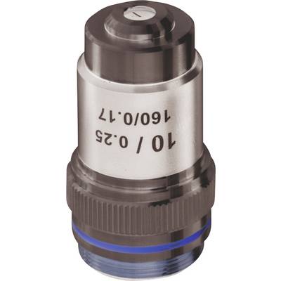 Mikroskopobjektiv mit Markierungen '10/0.25 160/0.17', Silberoptik, zeigt technischen Spezifikationen für präzise Vergrößerung.