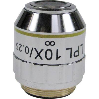 Ein silbernes Mikroskopobjektiv mit der Bezeichnung 'LPL 10X/0.25'. Es hat einen glänzenden Metallkörper und ist zylindrisch geformt.
