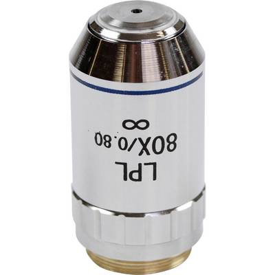 Ein silbernes Mikroskopobjektiv mit der Aufschrift 'LPL 80X/0.80 ∞', zeigt die Vergrößerungs- und Aperturwerte, wichtig für Labore.