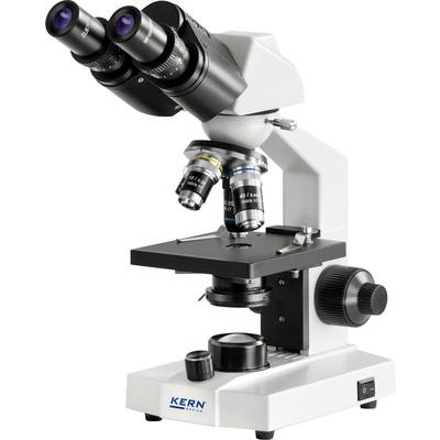 Ein weißes Mikroskop mit zwei Okularen für die Vergrößerung wissenschaftlicher Proben, auf einem stabilen Ständer montiert.