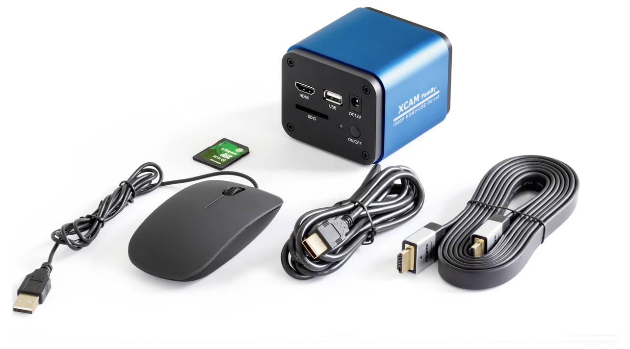 Ein kleiner, blauer Mini-PC mit Anschlüssen (HDMI, USB) wird gezeigt, umgeben von einer Maus, Kabeln und einer SD-Karte.