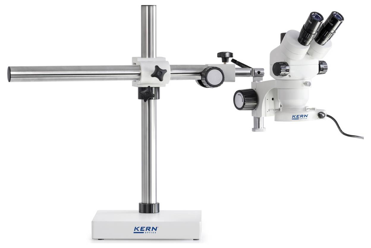 Mikroskop mit flexiblem Arm auf stabilem Sockel, ideal für präzise Laborarbeiten. Es hat zwei Okulare und Markenaufdruck.