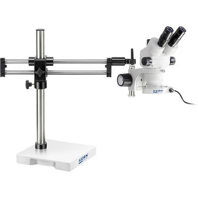 Ein weißes Stereomikroskop auf einem stabilen Standfuß mit verstellbarem Arm und zwei Okularen, geeignet für Laborzwecke.