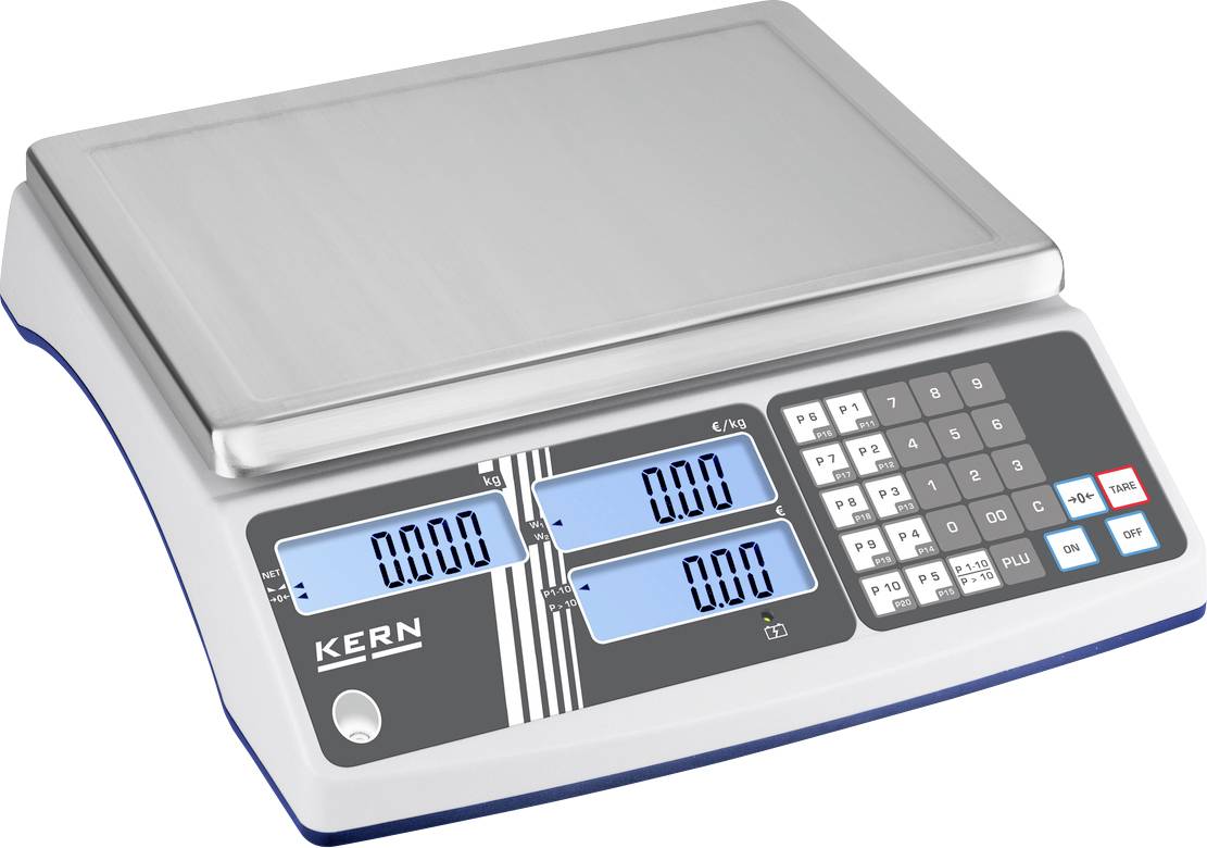 Elektronische Waage mit digitaler Anzeige, Tastenfeld und Edelstahl-Wiegefläche. Marke KERN. Verwendbar zum genauen Wiegen.