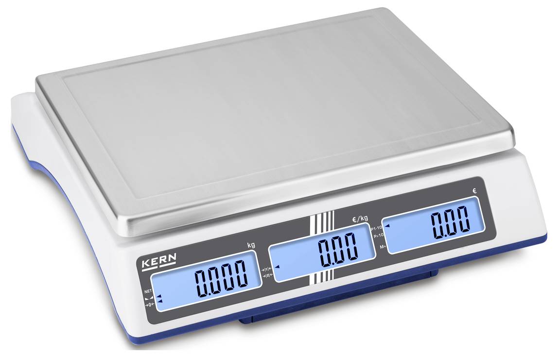 Elektronische Waage mit drei digitalen Anzeigen für Gewicht in Kilogramm und Gramm.