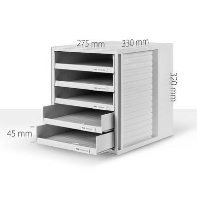 Offenes Schubladensystem mit fünf Fächern. Beschriftung außen und Maße: Breite 275 mm, Tiefe 330 mm, Höhe 320 mm.