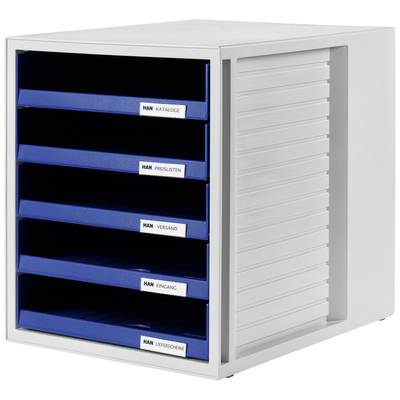 Ein weißes Regal mit fünf blauen Schubladen, beschriftet von oben nach unten: 'Kataloge', 'Preislisten', 'Versand', 'Eingang', 'Lieferscheine'.
