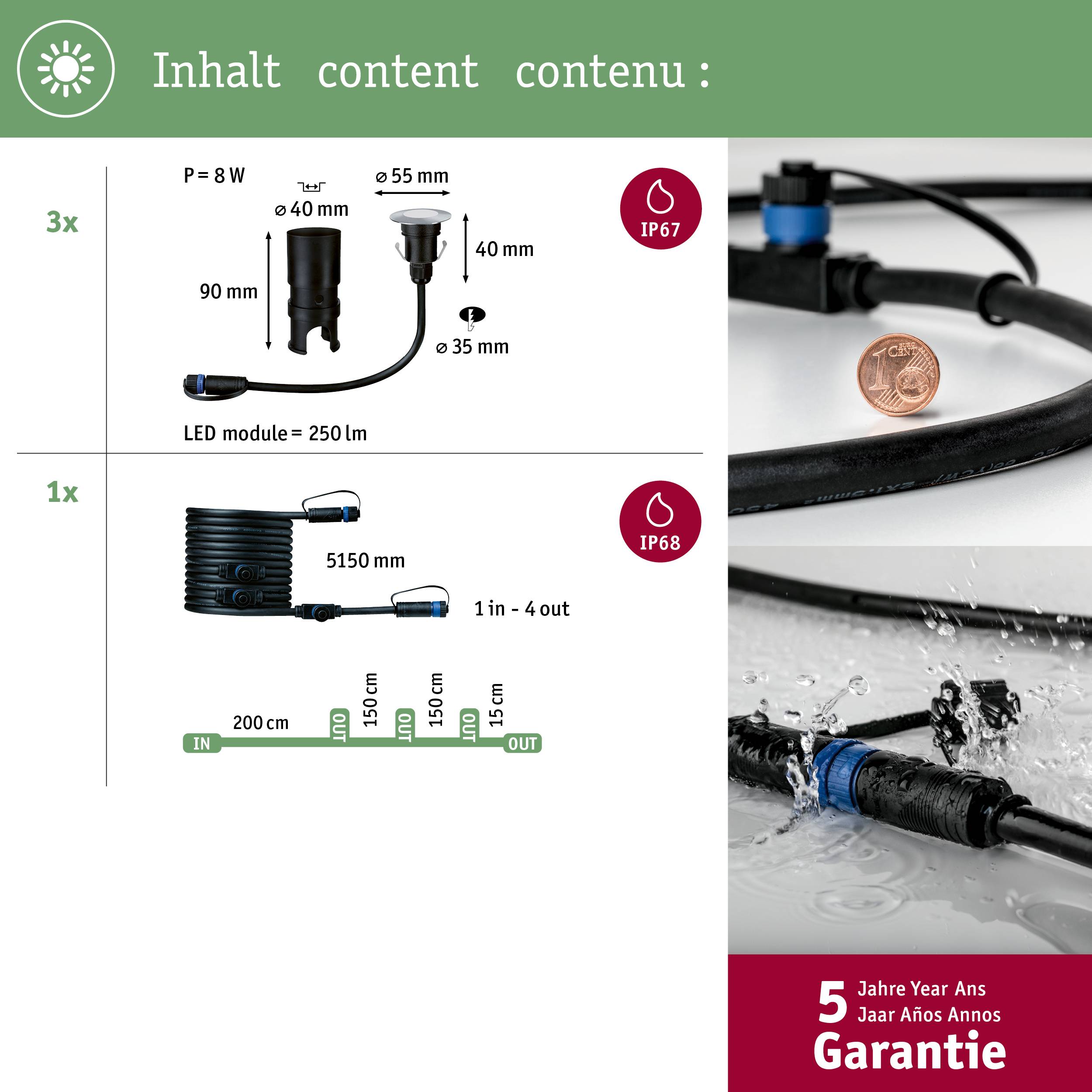 'Bild eines LED-Moduls mit Angaben zu Größe, Leistung und Wasserschutzklassen. Oben: 3x, 8W, IP67. Unten: 1x, 250 lm, IP68. Garantie: 5 Jahre.'