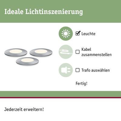'Ideale Lichtinszenierung' mit drei runden Leuchten dargestellt. Checkliste: Leuchte, Kabel zusammenstellen, Trafo auswählen. Text: 'Fertig!'.