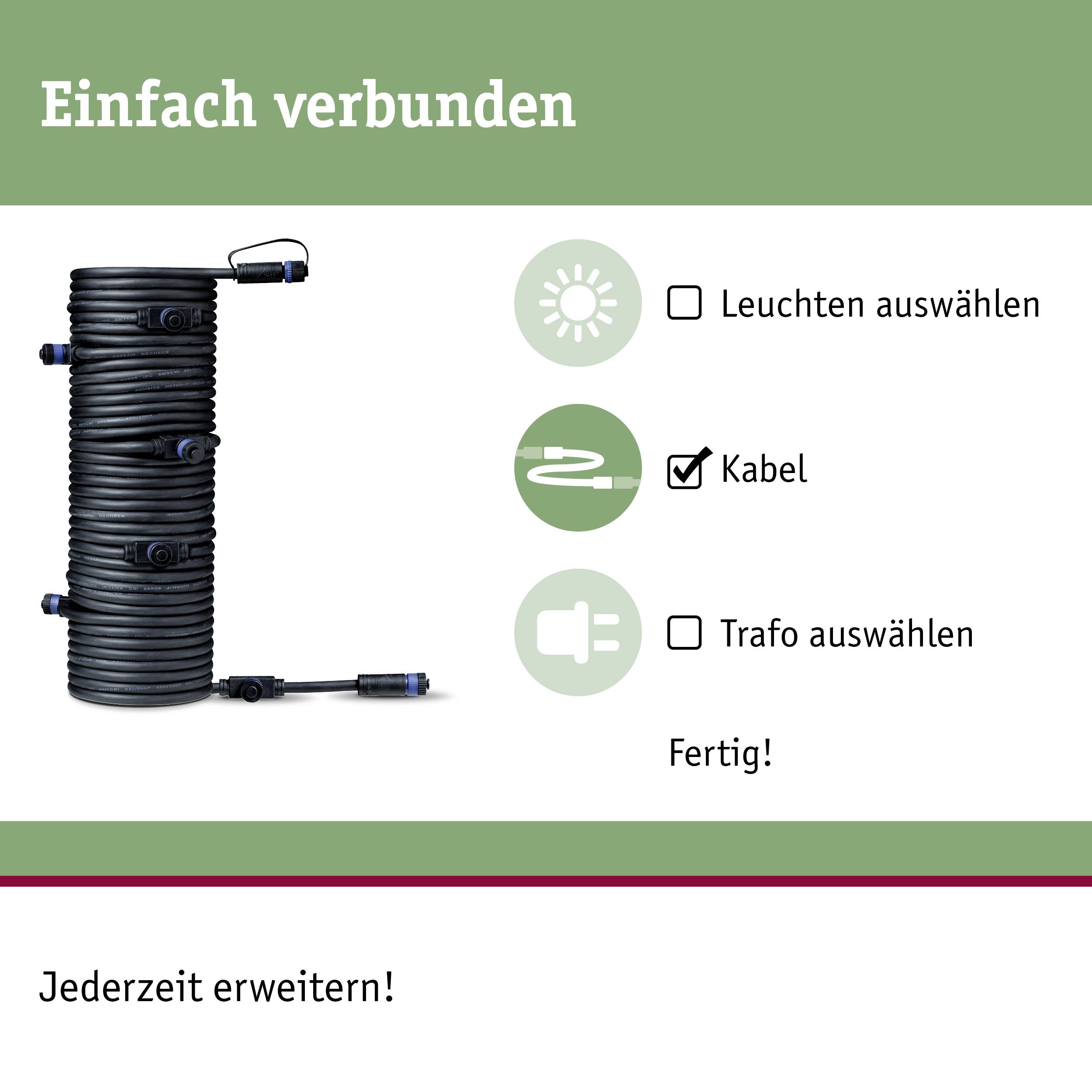 Produktbild eines Kabels mit Steckverbindern. Text: 'Einfach verbunden'. Optionen: 'Leuchten', 'Kabel', 'Trafo'. Hinweis: 'Jederzeit erweitern!'