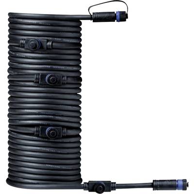 Ein langes, schwarzes Kabel mit mehreren Anschlüssen, spiralig aufgerollt, geeignet für den Einsatz im Außenbereich.